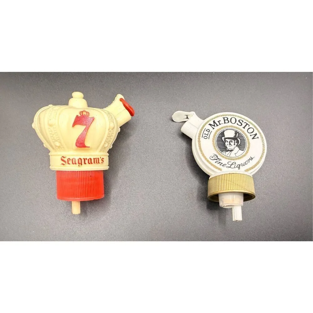 Mid-Century Advertising Liquor Bottle Pourers Plastic Barware, Seagrams, Imperia